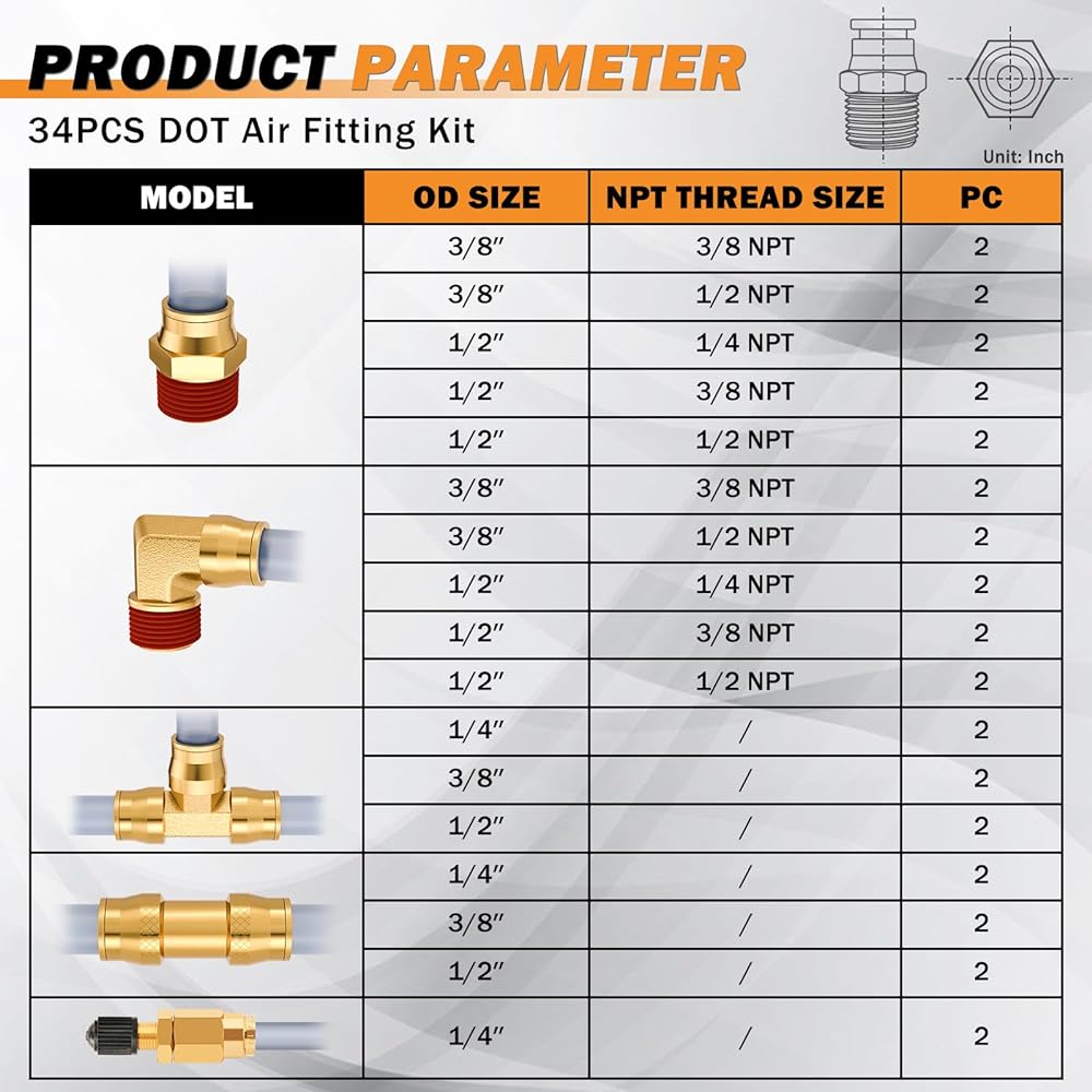 34 Brass DOT Air Brake Line Following Assortment 1/4 inch 3/8 inch 1/2 inch DOT DOT Push Connection Kit 1/4 inch with US Valve DOT Air Line Football Truck or Industry for Industrial