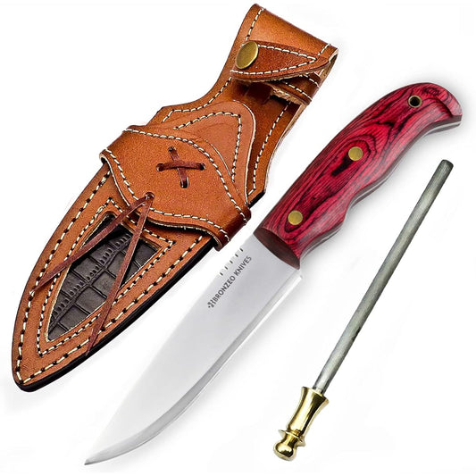 Bronzeo Knife 220mm Handmade D2 Steel Survival Knife Sheath Knife Full Tang Construction Camping Fishing Battoning Non-Slip Natural Red Pakka Wood Handle