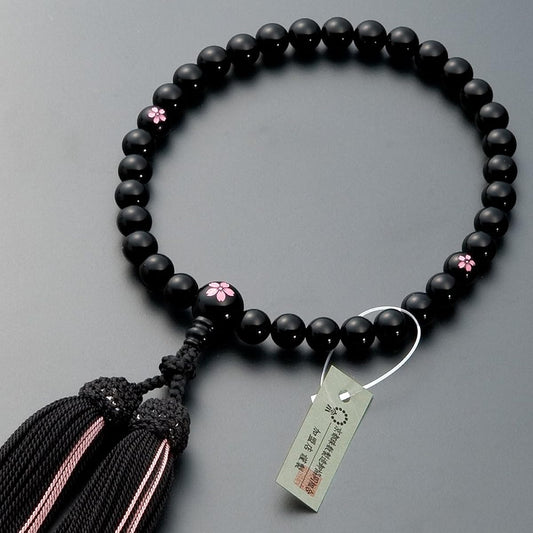 [Buddhist Altar Shop Takita Shoten] Kyoto Prayer Beads for Women, Black Onyx, Cherry Blossom Carving, 8mm Beads, Pure Silk Headed Buns, Bead Bag Included, Women's Prayer Beads that Can Be Used by All Sects, Certificate Included