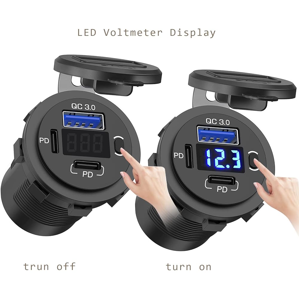 12V USB Outlet Dual USB C Charge Charger Socket & Quick Charge 3.0 Port Voltometer and Power Switch For Boat Marine Truck