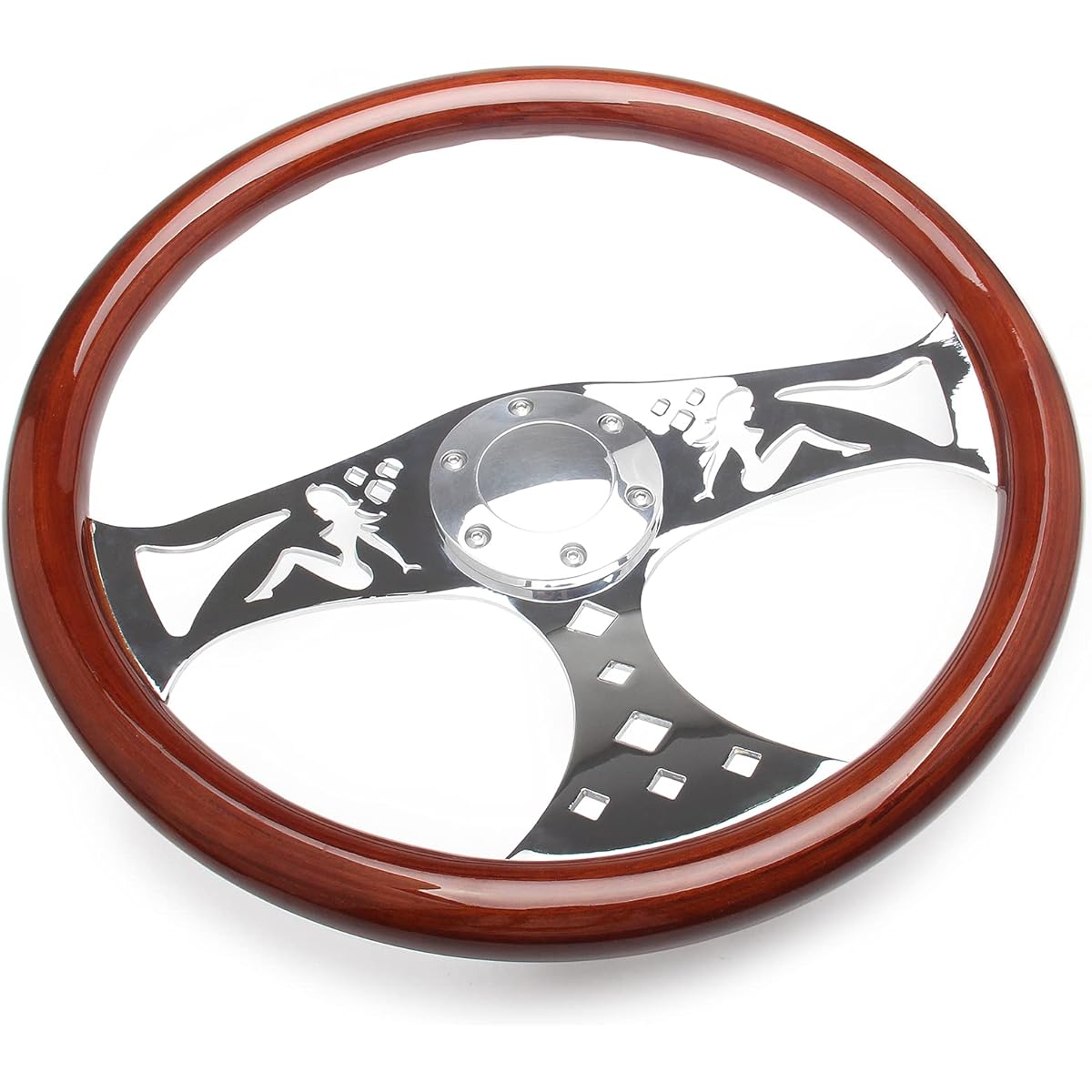 TOP10 RACING 380mm 15 inch Classic Grant Nostal Gia Style Wood -Grain Handle Three Spokes Handle Rivet Lightwood Grip Horn with Horn (Girls Pattern)