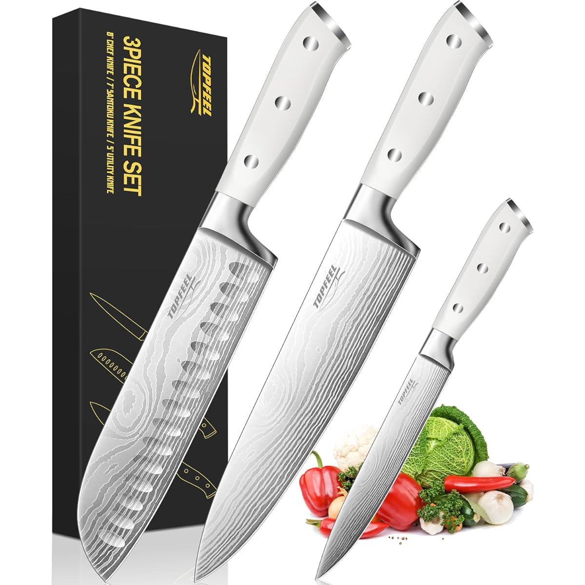 Professional Chef Knife Set 7CR17MOV German High Carbon Stainless Steel Japanese Knives 3 Piece Set 8" Chef Knife 7" Santoku Knife 5" Utility Knife White Sharp Kitchen Knife Set with Gift Box
