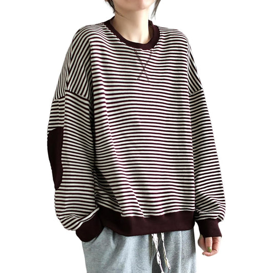 [KumiModa] Sweatshirt, Hoodie, Women's, Sweatshirt, Striped, Border Pattern, Switchable, U-Neck, Bot, Brushed Lining, Warm, Long Sleeves, Loose, Body Coverage, Stylish, Cute, Casual, Spring, Autumn, Winter