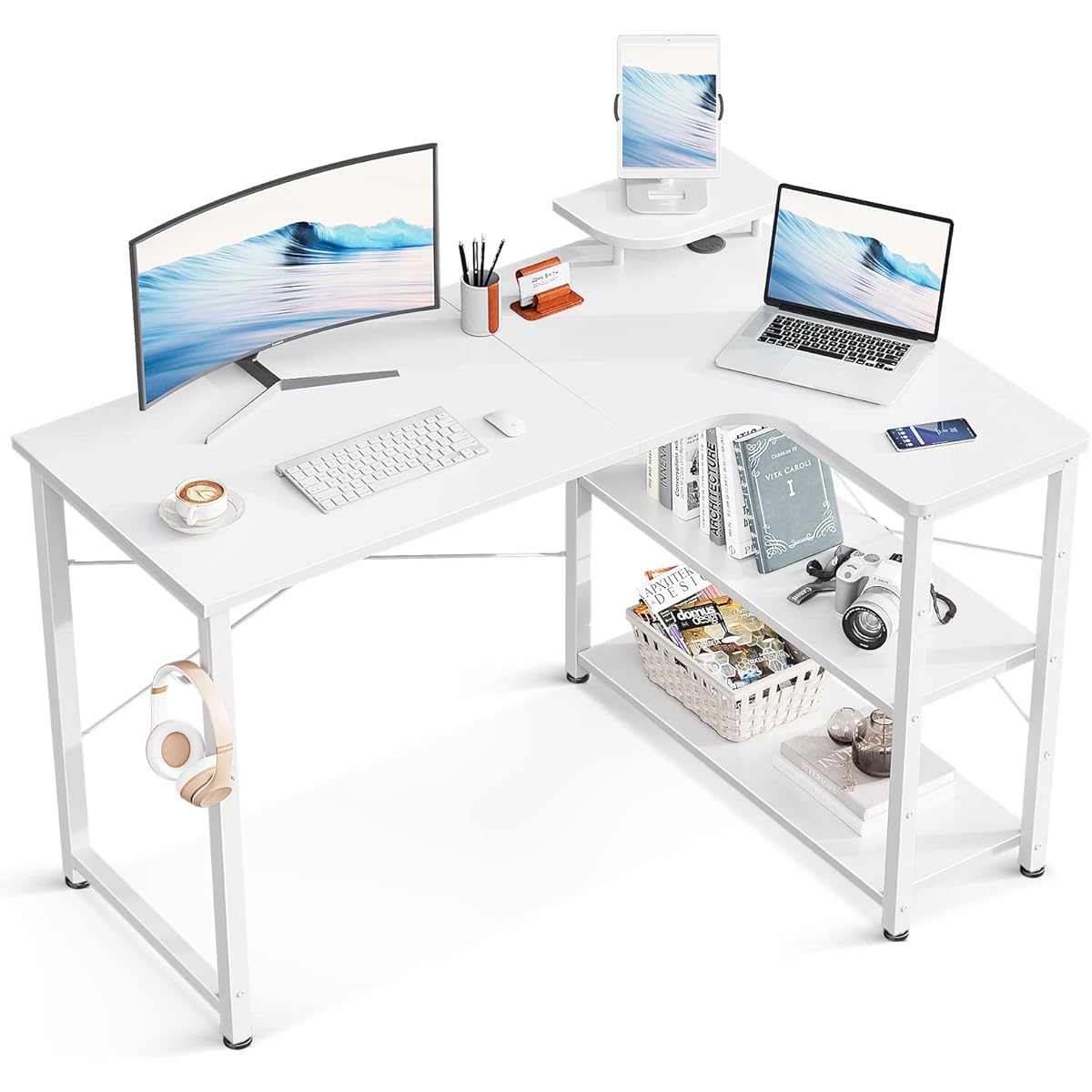 ODK Computer Desk, L-shaped Desk, Width 110, Gaming Desk, PC Desk, Desk, Corner Desk, L-shaped, Desk with Rack, Storage, Office Desk, Work from Home, Easy to Assemble, White, Right Shelf
