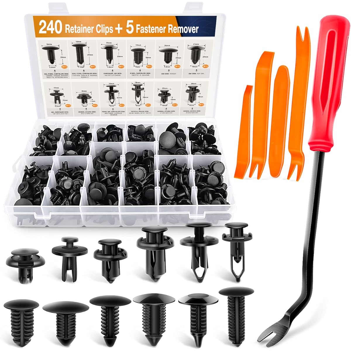 GOOACC Bumper Retainer Clips Auto Plastic Rivets Fastener Push Retainer Kit Super Size Auto Push Pin Rivet Set Door Trim Panel Fender Clips 240pcs