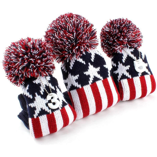 NEW Stars and Stripes Pattern USA Hand-knitted Golf Head Cover for 1#3#5# with Pendant Blue/Red