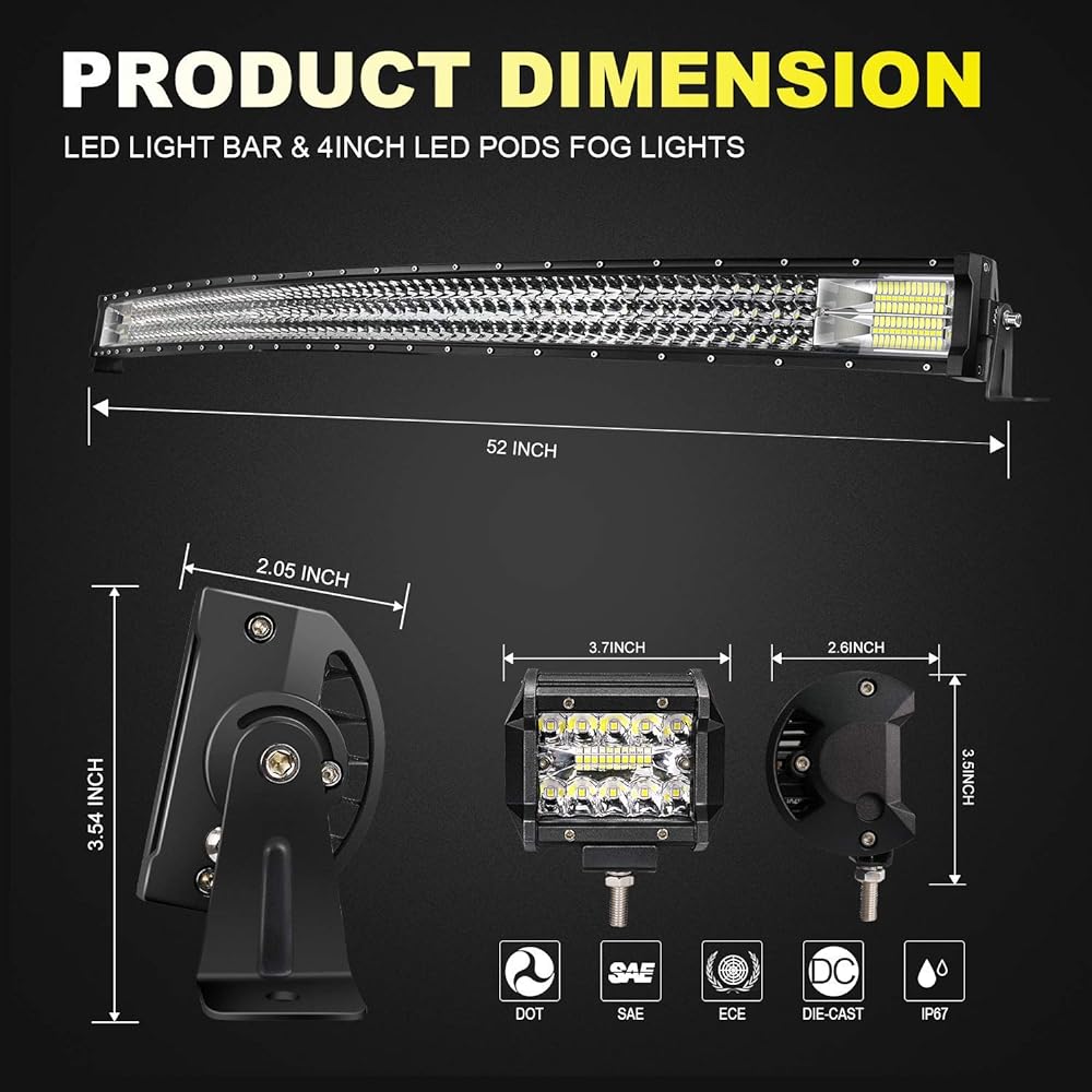 LED Light Bar TURBO SII 52 Inch 711W Curved Triple Row Spot Flood Combo Offroad Driving Light + 4 Inch 60W Led Fog Lights w/3-Leads Wiring Kits for Trucks Jeep Pickup ATV UTV Polaris Boats