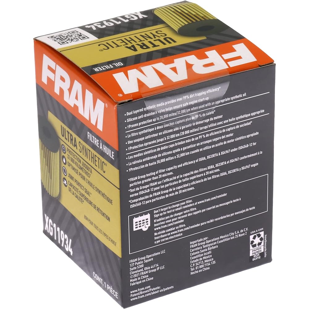 FRAM Ultra Synetics replacement oil filter synthetic oil change up to 20k miles XG11934 with SureGrip (1 pack)