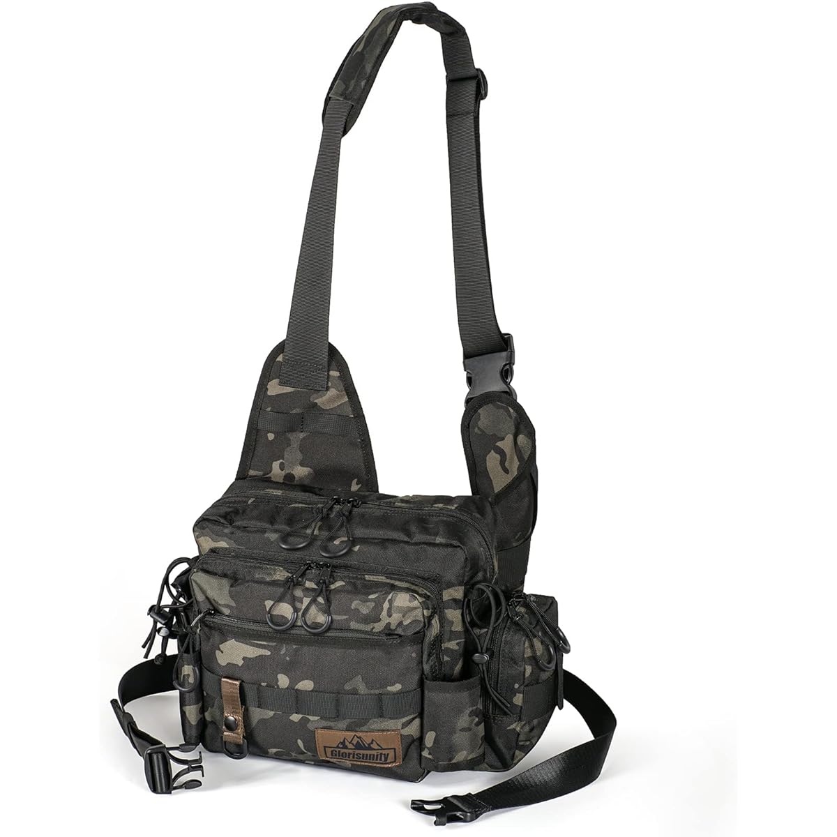 Glorisunity Tackle Bag Holding Shoulder Bag Rod Holder 5-Way Fishing Bag Waterproof Fishing Bag Large Capacity Double Zipper Movable Shoulder Pad Detachable Waist Belt with Pliers Holder For Outdoor Climbing Travel (Black Multicam)