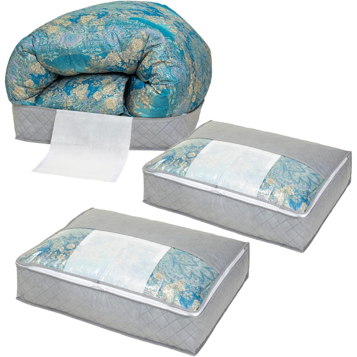 Astro Storage Case for Duvets, Single Size, Gray, Set of 3, Dehumidifying, Moisture Absorbing, Dust Mite Proof, Non-Woven Fabric, Storage Bag, Thin, Slim, Storage Box, Compact, with Transparent Window 616-35