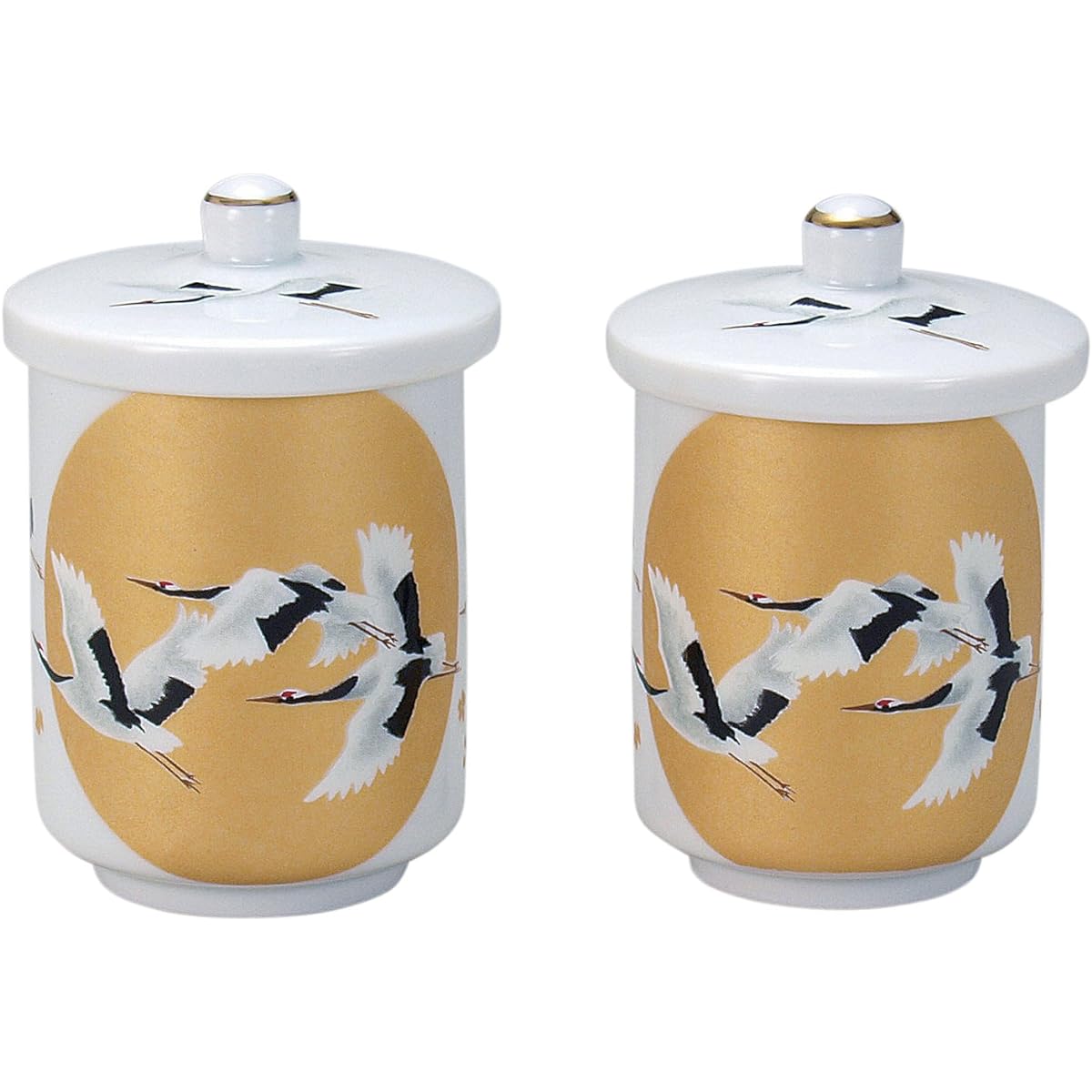 Kutani ware teacup with lid, cranes on the full moon N57-04