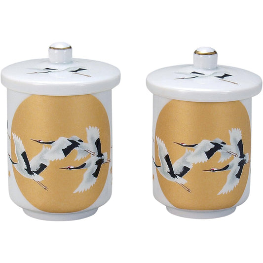 Kutani ware teacup with lid, cranes on the full moon N57-04