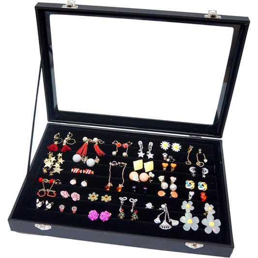 Accessories Storage Box Case Earrings Large Set Transparent Display (Black, Large, Earring Set Included)