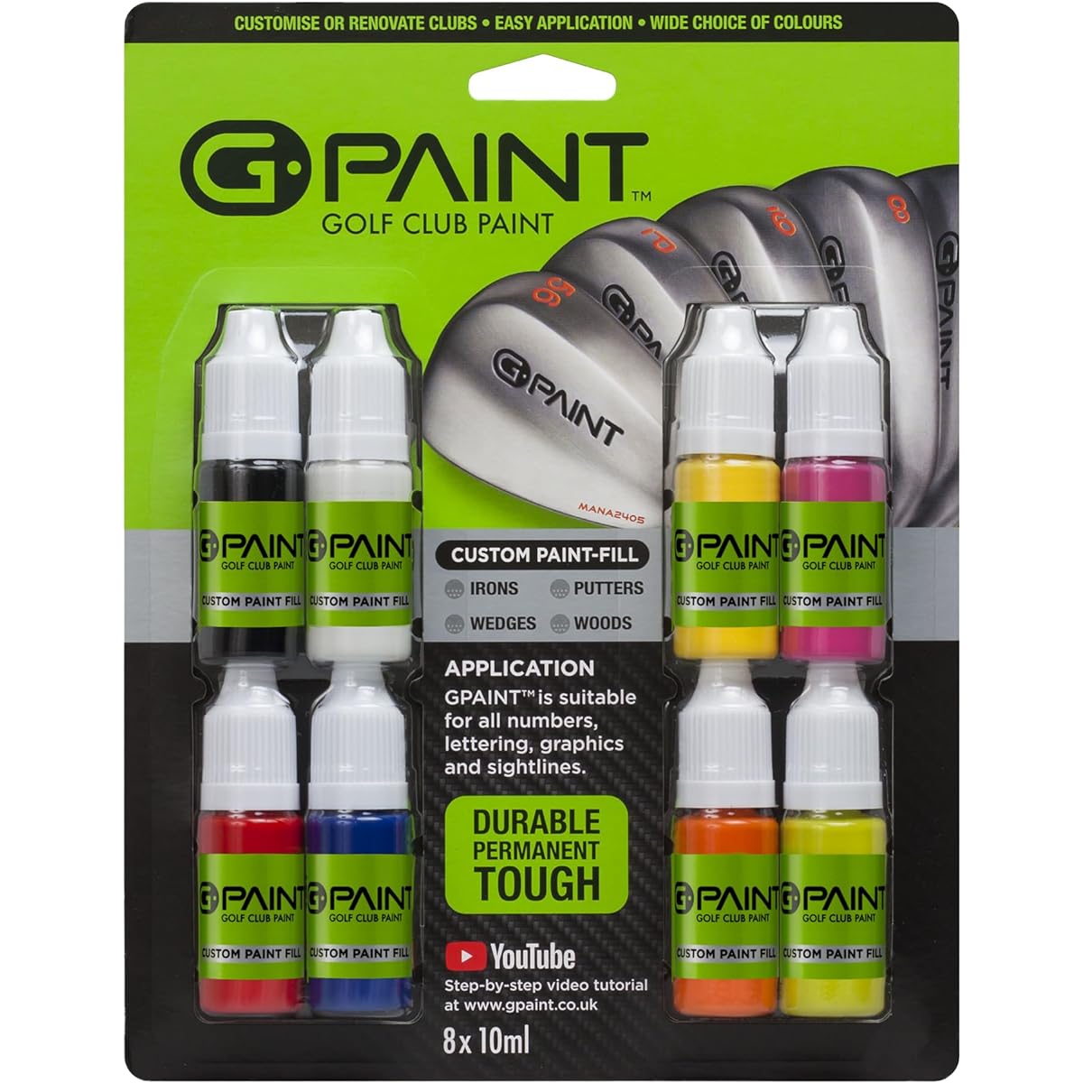 G-Paint Golf Club Paint for Touch Up/Filling/Customizing/Renovation 8-Pack 10ml Bottles Black White Red Blue Yellow Pink Orange Green