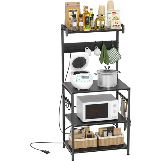 [With 2 Outlets] Kitchen Rack, Range Stand, Width 60 JSUSUJ Microwave Rack, Rice Cooker Stand, Range Board, Kitchen Storage, Kitchen Wagon, Open Rack with S-Hook, Slim, Stylish, Black