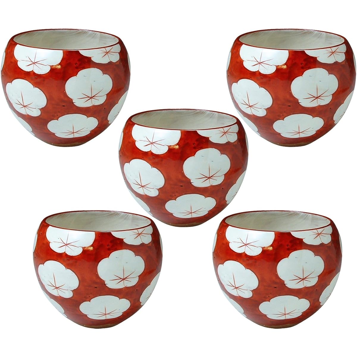 Kyoto ware, Kiyomizu ware, pottery kiln, tea cup, complete set, red plum KTA136