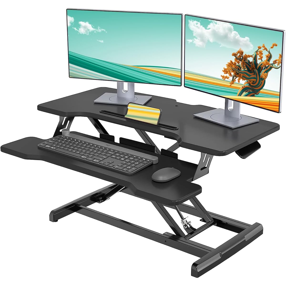 GIBBON MOUNTS Standing Desk, Tabletop, Elevating Type, Width 77 x 40 cm, Height Adjustable, Elevating Desk, Free Desk, Desk Riser, Office Work Table, Gas Pressure, Stepless Adjustment, Telework, Computer Desk, Keyboard Tray Included, Desktop Stand, Black