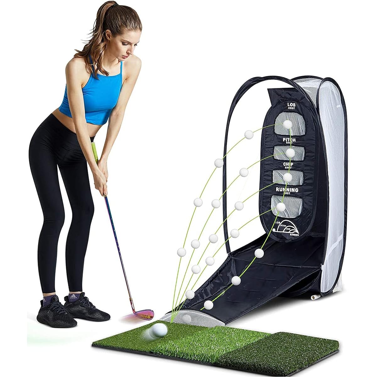 Golf net practice indoor/outdoor return type approach practice net set with lawn mat, golf ball, golf tee, and practice target