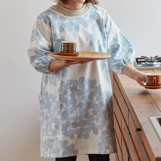 Quarter Report (Rieko Oka) Loose-fitting Kappou-gi Float Blue One Size Fits Most Elastic Cuffs Large Pocket Cotton Linen [Made in Japan]