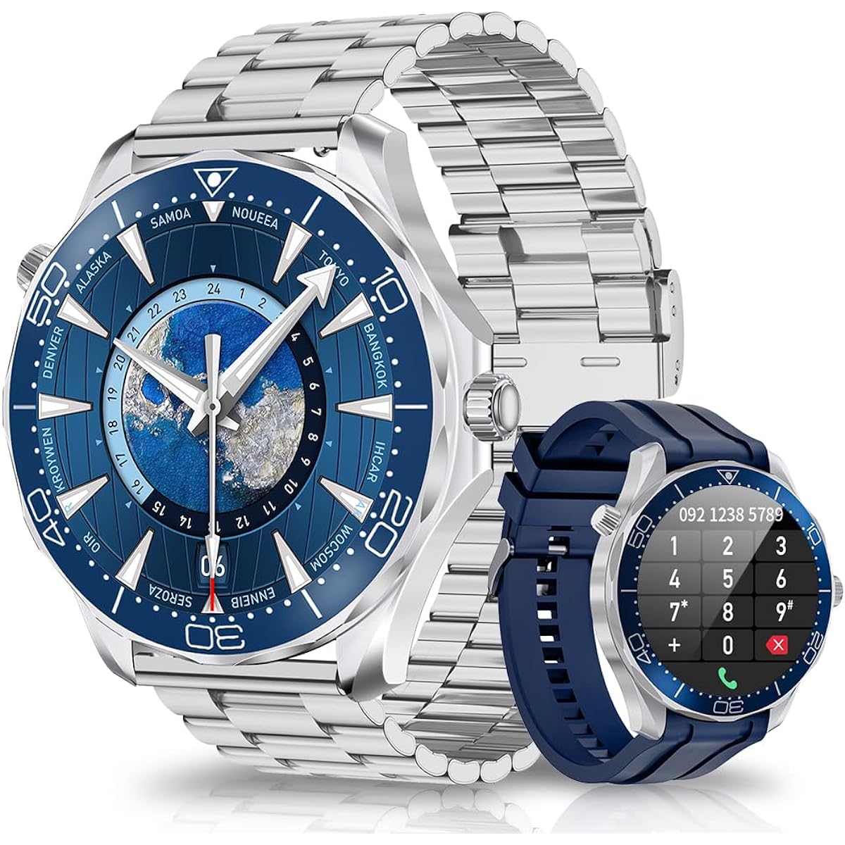 Smart Watch, Round 2 Bands, Bluetooth 5.2 Calls, Smart Watch, 1.52 Inches, Sapphire Glass Display, 100 Exercise Modes, IP68 Waterproof, Compass, Sports Watch, Incoming Call Notifications, Line/Message