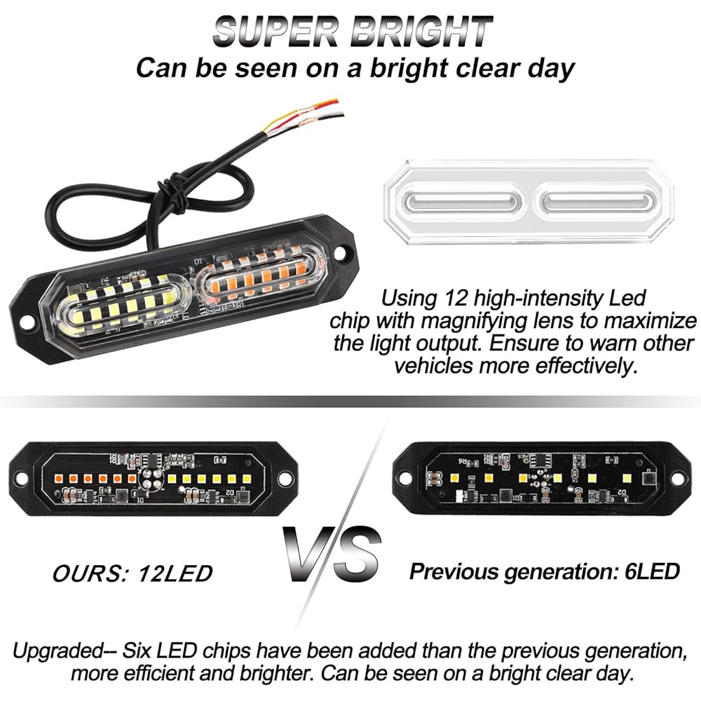 ASPL 8 Sync function Ultra Slim 12-LED surface implementation flashing strobolite truck car vehicle LED mini grilled head Head Emergency beacon danger warning light (Amber/White)