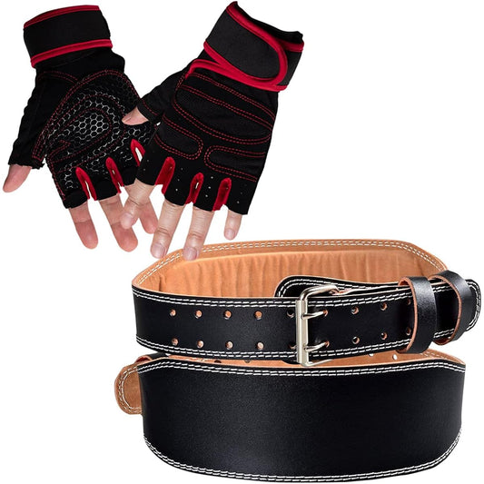 [YuHaru] Power belt, lifting belt, muscle training belt, training belt, weight belt [2-piece set with gloves] Power belt (M), gloves (S)