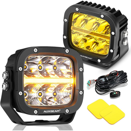 AUXBEAM 5 -inch 132W LED Pod Track 15600LM DRL/Amber/White LED Light Bar Yellow cover 2 replacement Spot Flood Combo Off -Road Cube Blight LED Spot Light Amber Fog Light 3 Color Pair