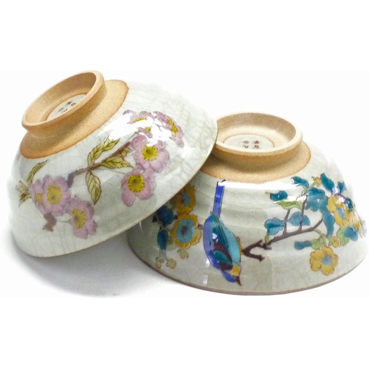 Kutani ware [pair rice bowl] Somei Yoshino cherry tree, golden plum and bird, pink, yellow, blue, blue, green, brown, 12 x 5.3cm (large)