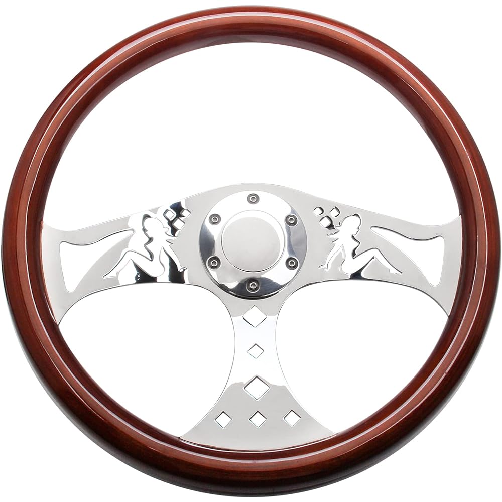TOP10 RACING 380mm 15 inch Classic Grant Nostal Gia Style Wood -Grain Handle Three Spokes Handle Rivet Lightwood Grip Horn with Horn (Girls Pattern)