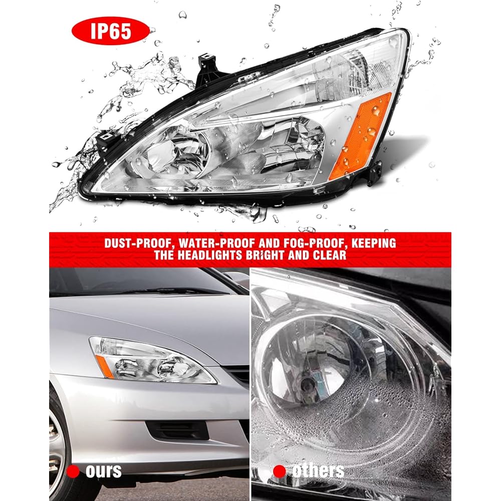 Adcarlights 2003 2005 2005 2006 2007 Accord Headlight Assemblies 2003-2007 Honda Accord 2/4DR Clear Lens Chrome Housing Amburid Flector with Headlamp replacement left and right pairs