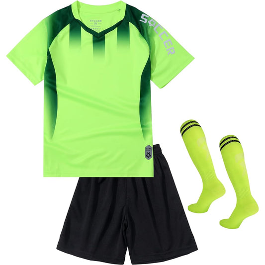 [LUCKYLUAN] Kids Soccer Wear Jersey 3 Piece Set with Socks Children Print Boys Training Top and Bottom Set Socks Short Sleeve Shorts Pants Breathable Quick Dry English Letters