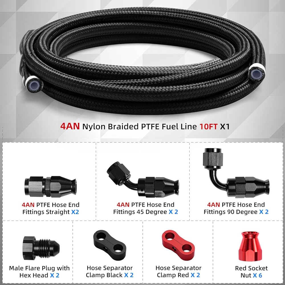 BRIFITOR 4an 10 Foot PTFE Fuel Line Kit AN4 E85 Nylon Stainless Steel Organized Fuel Hose 18 Ann Fitting Adapter Black