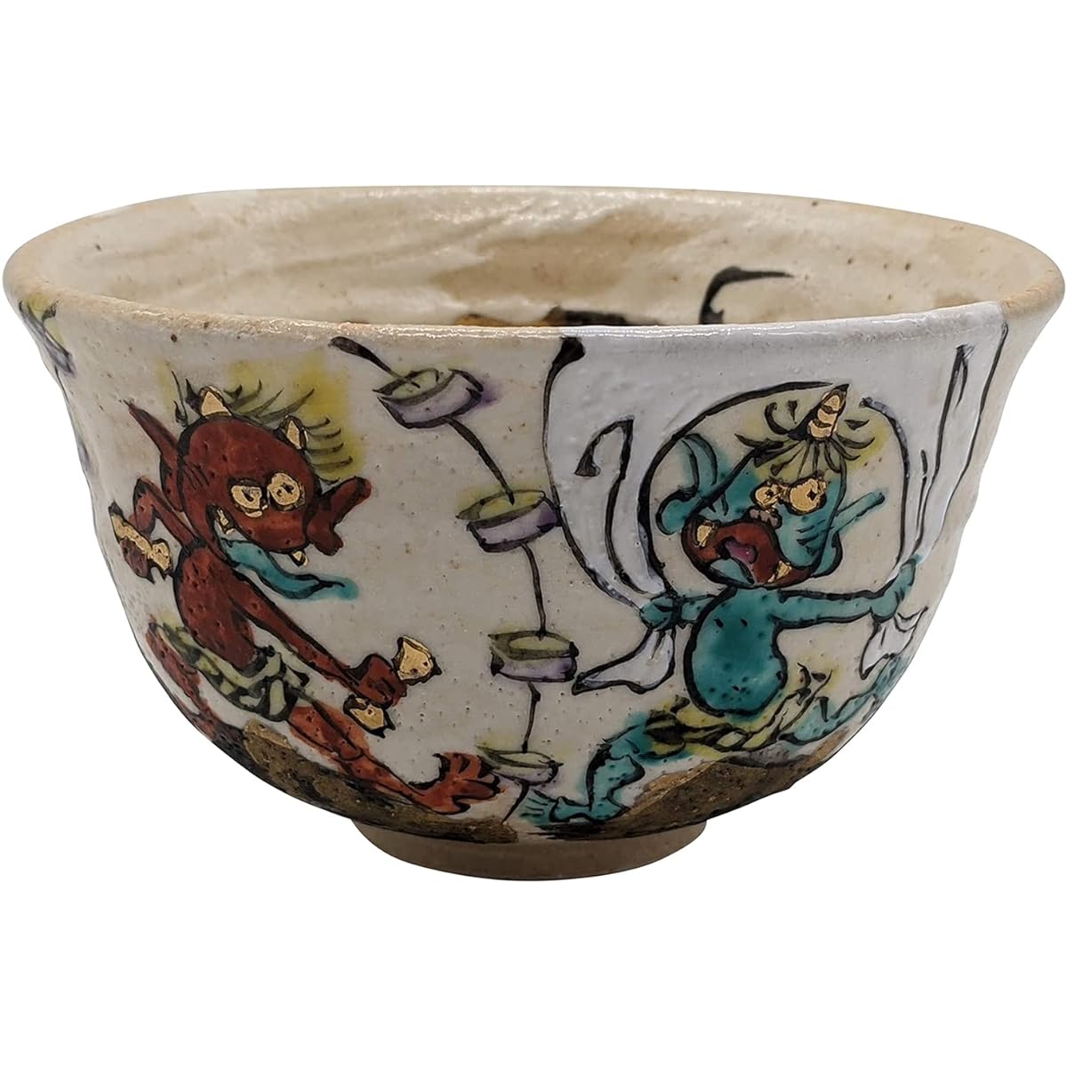 Mino Ware Wada Hitori Matcha Bowl Tea Cup Approx. 13cm Fujin Raijin Made in Japan 105-0013