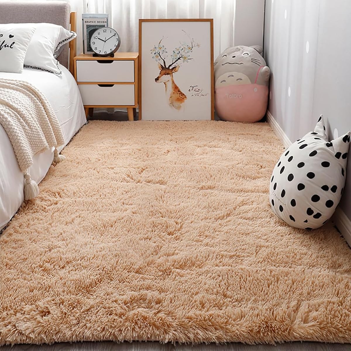 CLEKOD Carpet Rug Mat 200*300cm Non-slip Shaggy Rug Living Room Rug Washable Scandinavian Stylish All Season Plain Rug Smooth and Fluffy Compatible with Floor Heating Rectangular Type (Beige Approx. 3 tatami mats)
