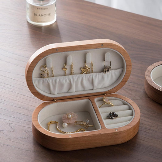 Accessory Case Storage, Wooden, Compact, Large Capacity, Rectangular, Stylish, Portable, Includes Small Necklace Holder, For Presents, Available in 2 Materials (Rounded Light Brown)
