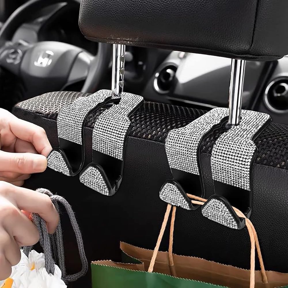 SEAMETAL Bling Car Seat Hook Front Seat Auto Hook Bling Car Hanger Glitter Car Hanger for Back Seat (Silver 2 in 1)
