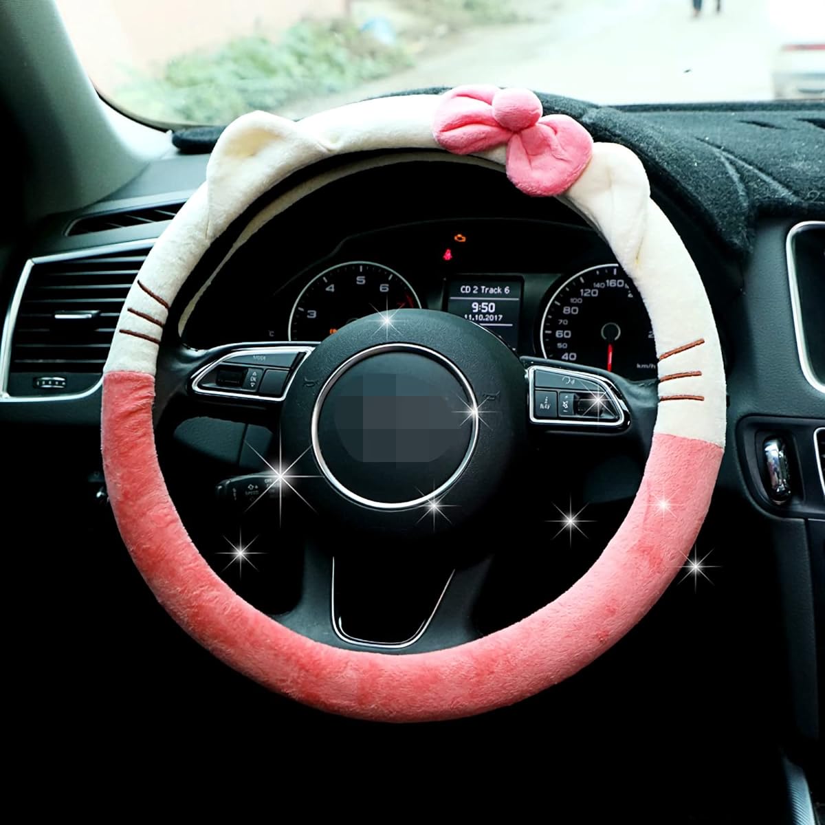 Handle cover of cute cars, universal fit 15 inch soft plash non -slip & odor car wheel protector ladies girl pink