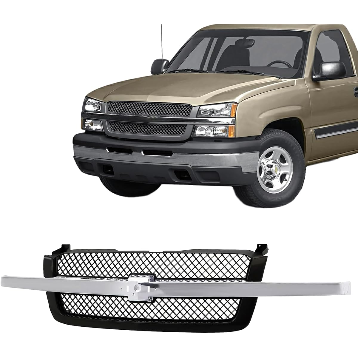 CARPARTSDEPOT Front Chrome Center Bar Grill Acembrilly Mesh Insert with Chevrolet / Abaranti 1500 2500 Sylvarad Classic HD 3500 2003-2007