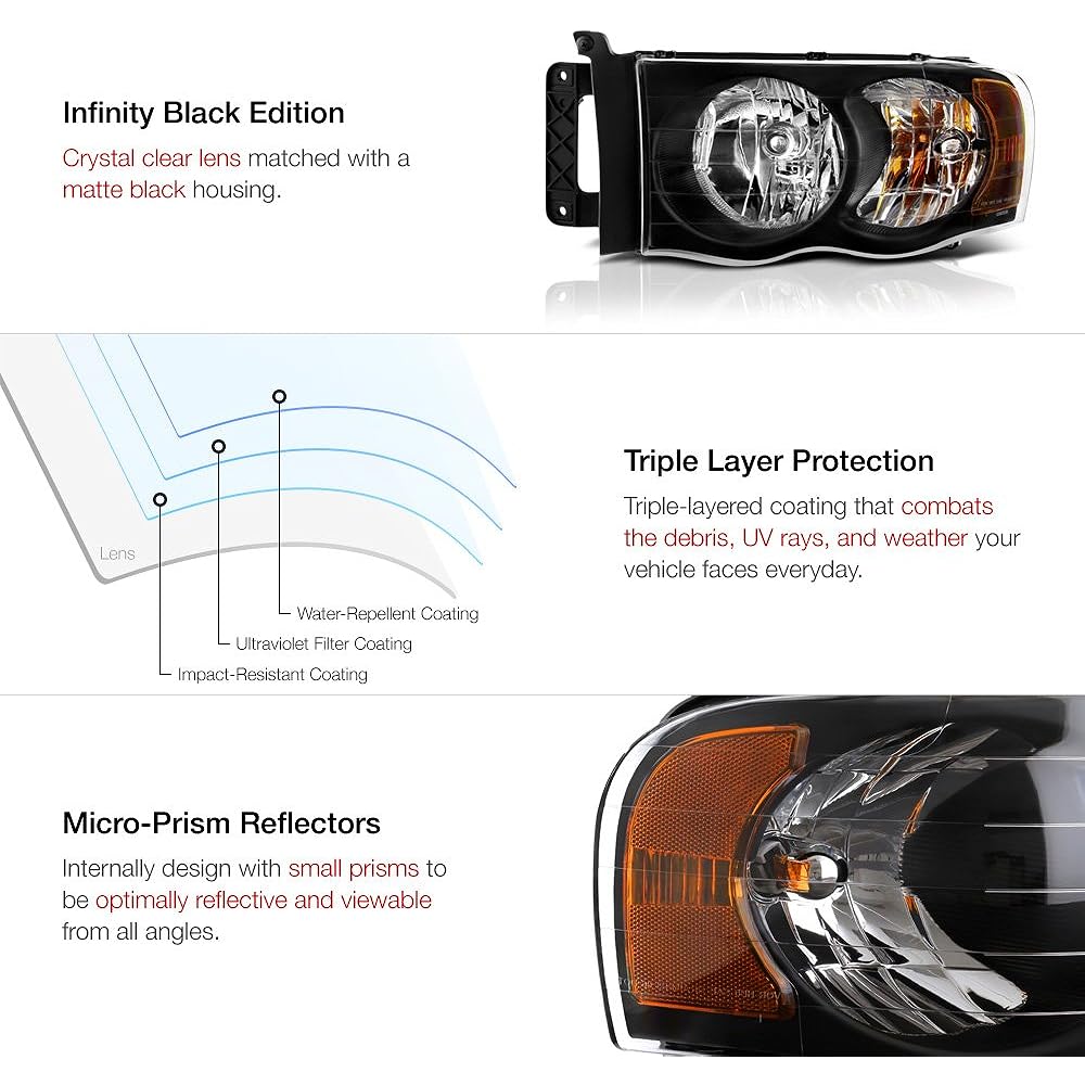 VIPMOTOZ Black Housing OE Style Head Light Head Lamp Acemburi 2002-2005 Dodge Lamb 1500 2500 3500 Pickup truck driver seat & passenger seat side