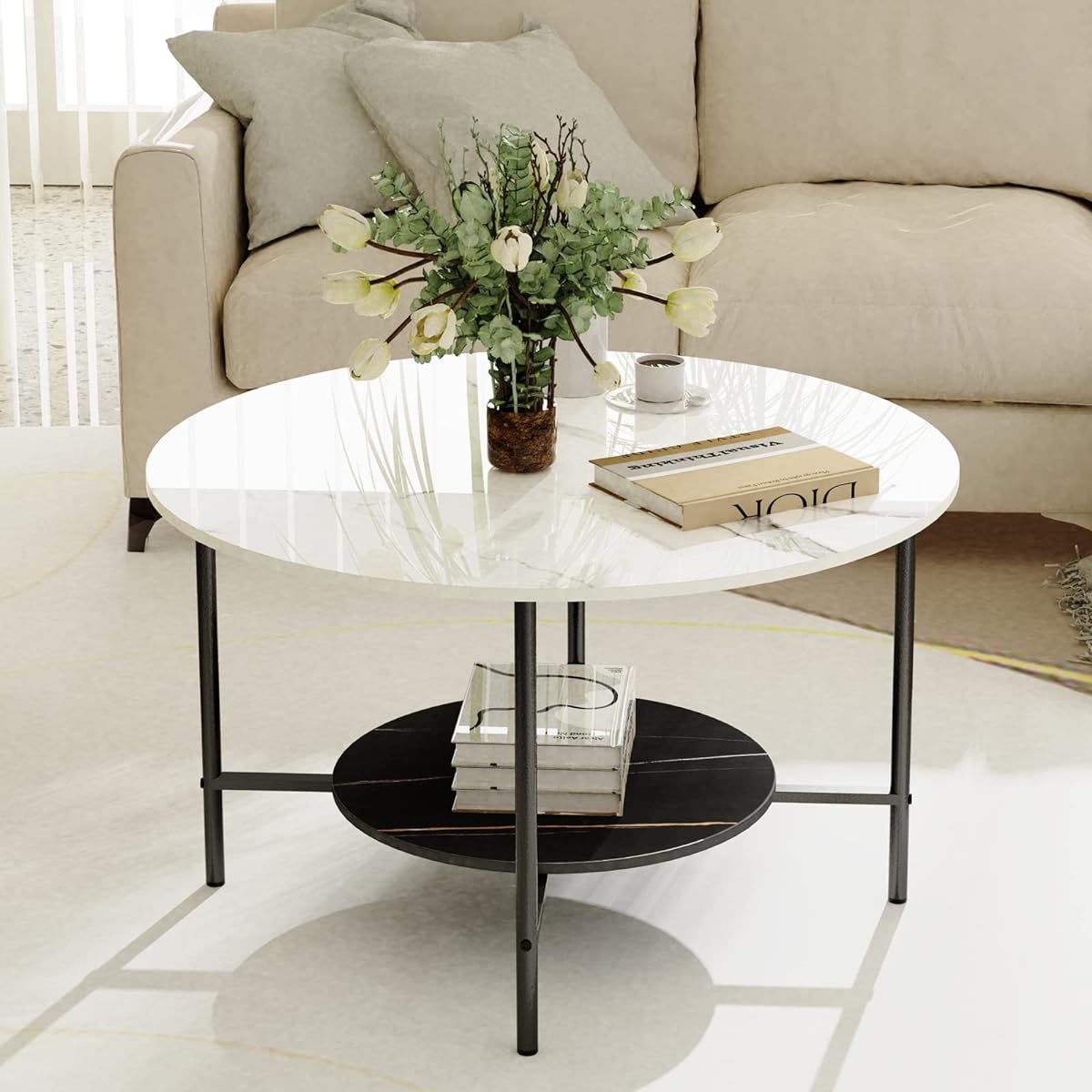 UNHO Center Table Marble Low Table Round Width 80cm Living Table White Stylish Round Table Coffee Table 2 Tiers Modern Scandinavian Interior
