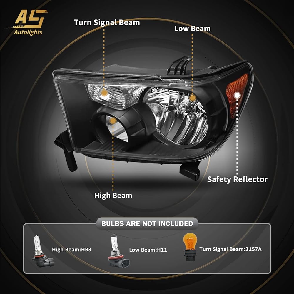 AS Headlight Assembly 2007-2013 Toyota Tandra Headlight Assembly Replacement 07-13 Toyota Tandra /2008-2017 Toyota Sekoya Leiring System No Black Housing Amber Reflectors