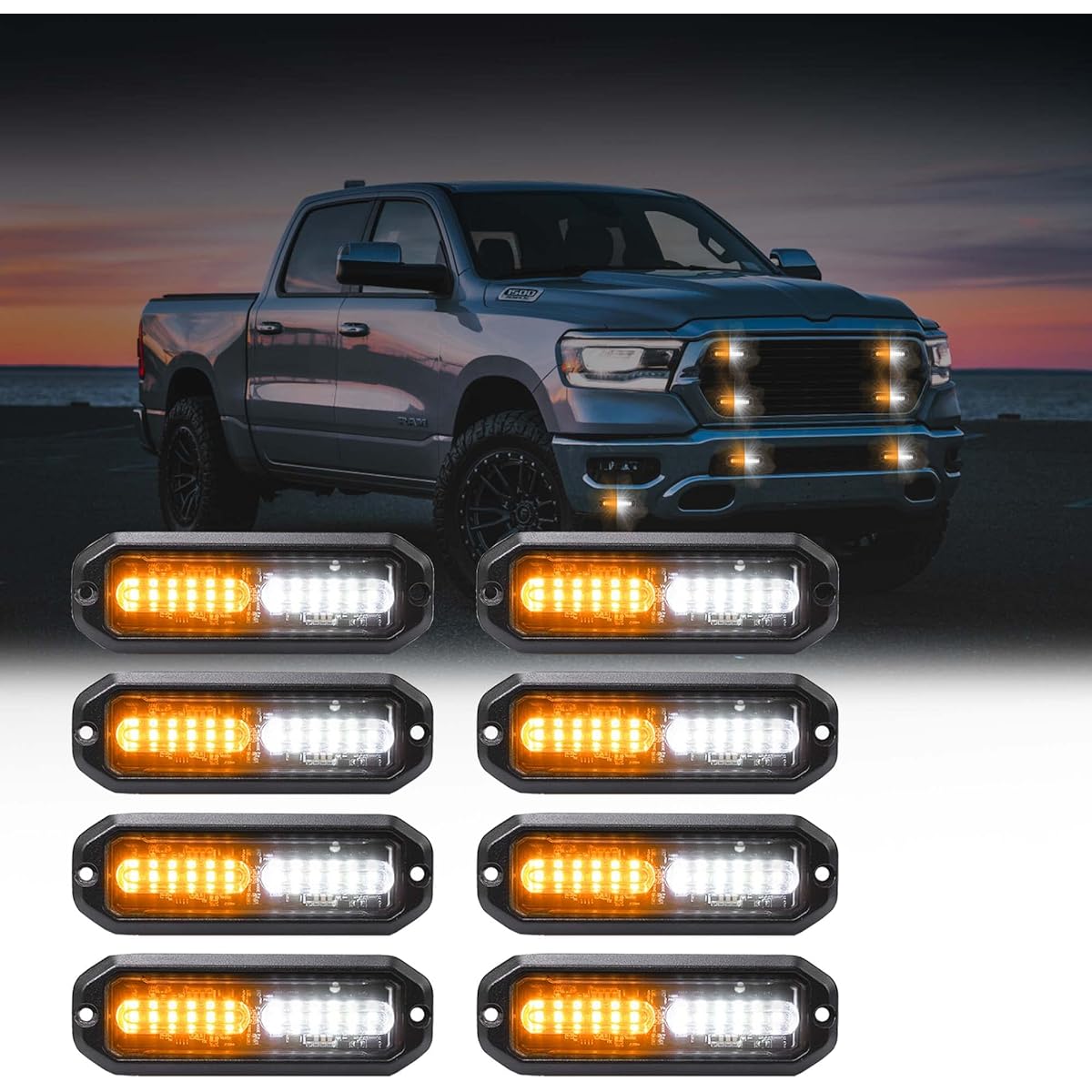 Wineco Amber/White LED Strobe Kit-8 Pieces 12-LED Flashing Emergency Warning Light Truck Vehicle Vehicle
