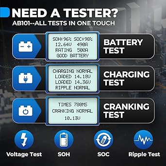 TT TOPDON Car Battery Tester -12V Car Battery Road Tester Cranking Charging System AB101 100-2000 CCA Alternator Analyzer / SUV / Light Track Inundated AGM Gel Type