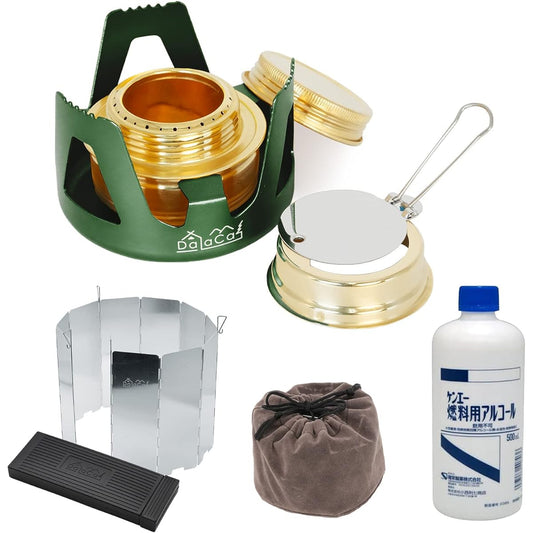 DaLaCa Alcohol Stove Windscreen Trivet Storage Bag with Fuel Solo Camp Start 6 Piece Set (Green)