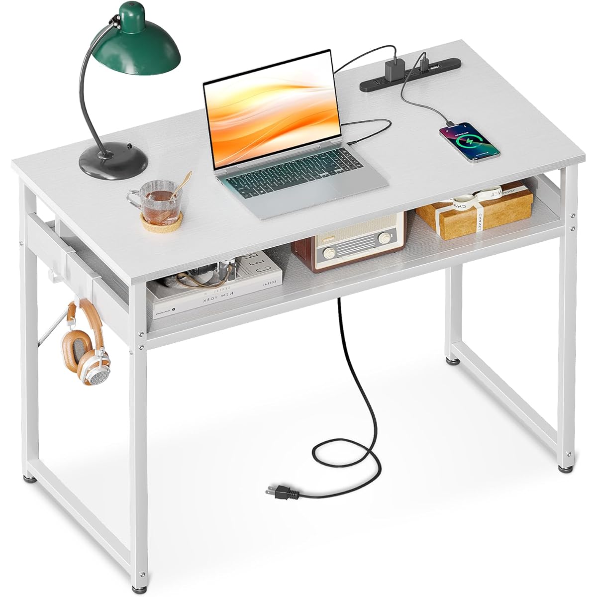 ODK Desk PC Desk Computer Desk Width 80cm Gaming Desk with Storage and Outlet Study Desk Computer Desk Box Work Desk with 2 Hooks Compact for Telework Space Saving Easy Assembly Black
