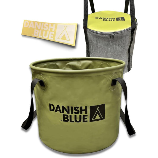 DANISH BLUE® Folding Bucket with Bottom Plate and Clothesline Net, Made by Camp Instructor, Large Capacity, Freestanding, One-Handheld, Firewood Bag, Car Wash, Footbath, Fishing, Trash Can, Laundry