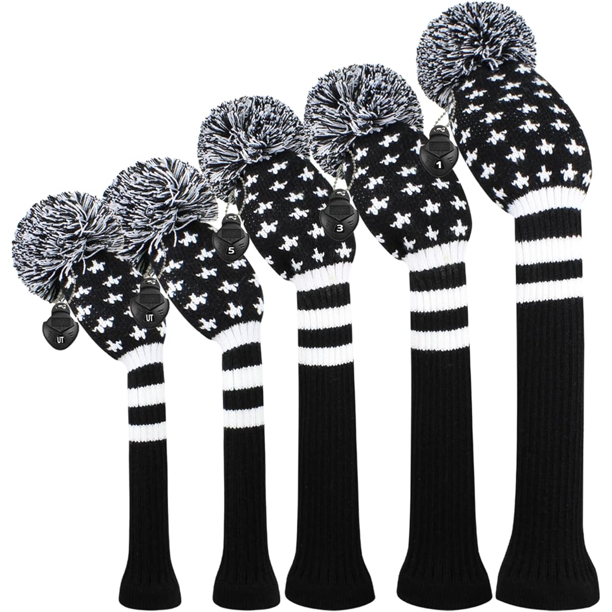 Golf Headcover Set of 5, 1 Driver Wood (460 cc) 1 Fairway Wood 2 and Hybrid (UT) 2 Double Layer Yarn Style