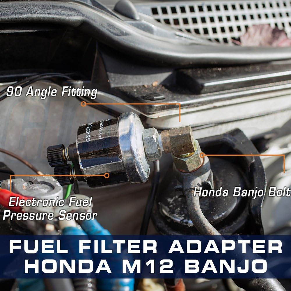 GLOWSHIFT fuel pressure banjo bolt sensor adapter Honda & Acura fuel filter housing 90 degree thread adapter & bronze crash washer