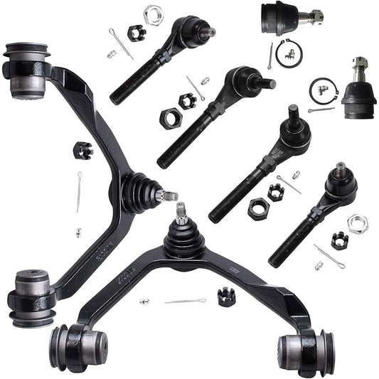 The front suspension kit only has an upper control arm, a lower ball joint, and an inner and outer tie rod end only for Complete 8 Piece 4x4.