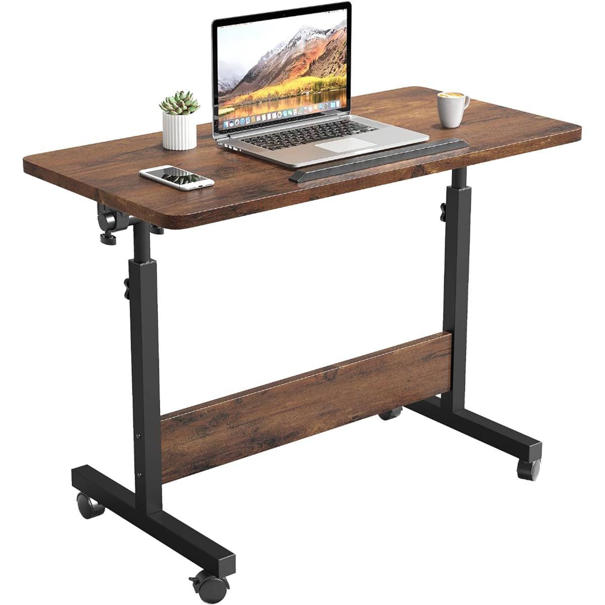 KUKER Elevating Desk, Folding Desk, Side Table, Adjustable Height, Comes with Casters, Space Saving, Standing Desk, Bed Table, Computer Desk, Stylish, Adjustable Top Angle, Width 80cm x Depth 40cm x Height 65-87cm (Vintage)